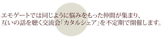 エモゲートでは同じように悩みをもった仲間が集まり、お互いの話を聞く交流会「カタルシェア」を不定期で開催します。